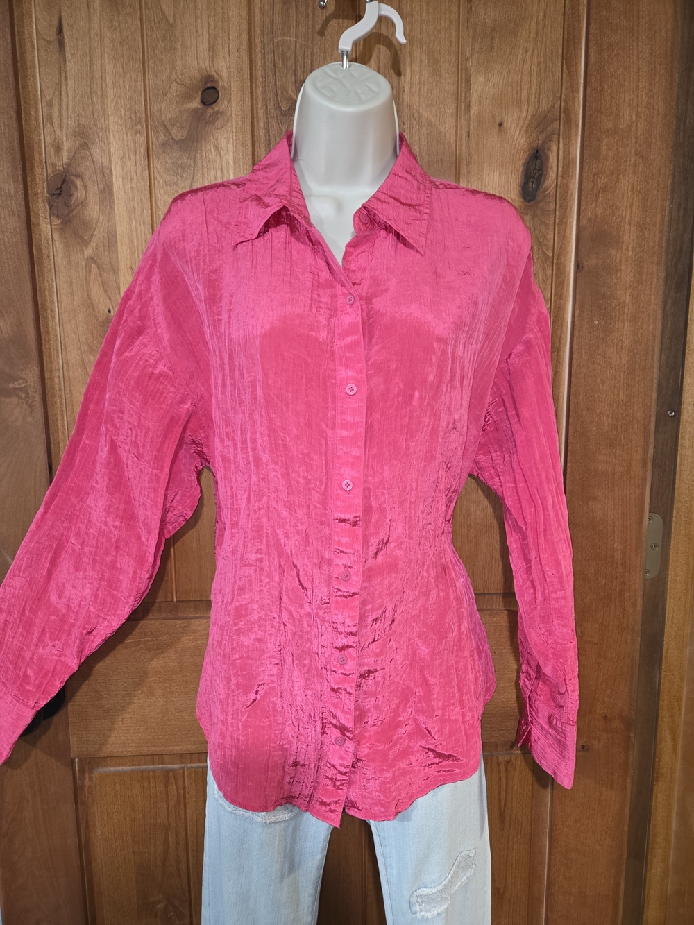Express Hot Pink Crinkled Button-Down Shirt